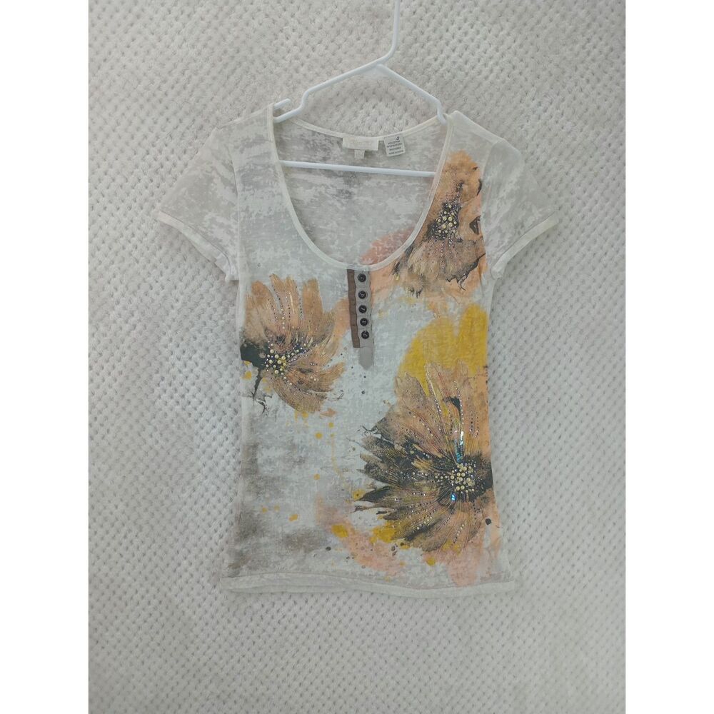 Miss Me Women's Large Embellished Cream Floral Short Sleeve Burnout Tee